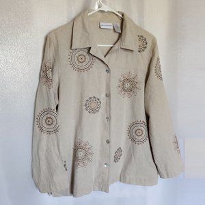 Alfred Dunner Linen Jacket Blazer Natural Mandala Psychedelic Embroidered Sz 16